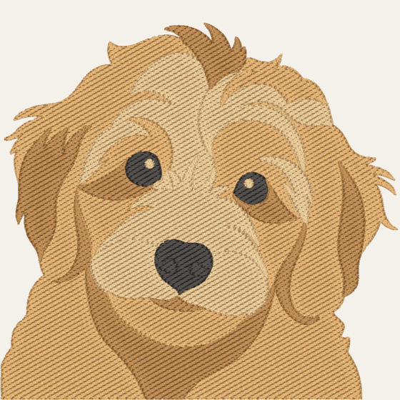 The same puppy as an embroidery design, each colour area filled with rows of stitches.