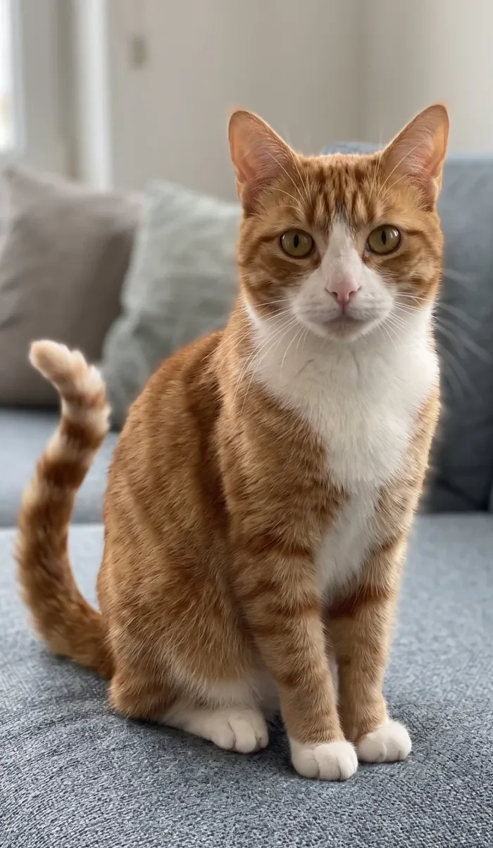 A photograph of a ginger and white cat sitting upright.