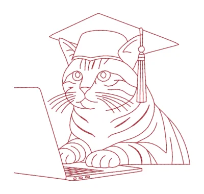 The same cat drawn in single red outlines, with the stripes, whiskers and laptop keys as lines.