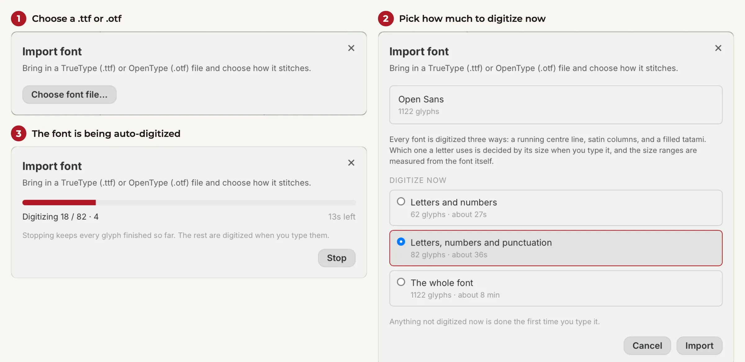 Importing a font in three steps: choosing a .ttf or .otf file, picking whether to digitize letters and numbers, letters with punctuation, or the whole font, and then a progress bar reading Digitizing 18 of 82 with 13 seconds left and a Stop button