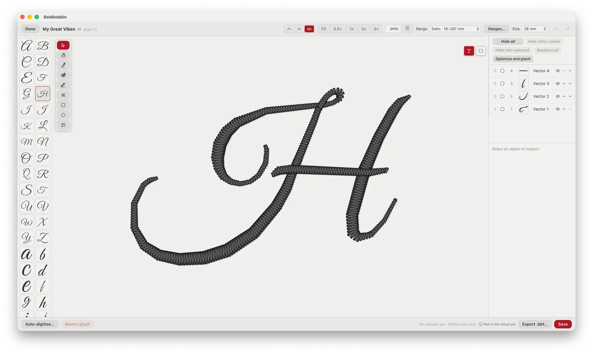 The Boldbobbin lettering editor with the capital H of Great Vibes open, satin stitches following each stroke, the alphabet running down the left and the stitch objects listed on the right
