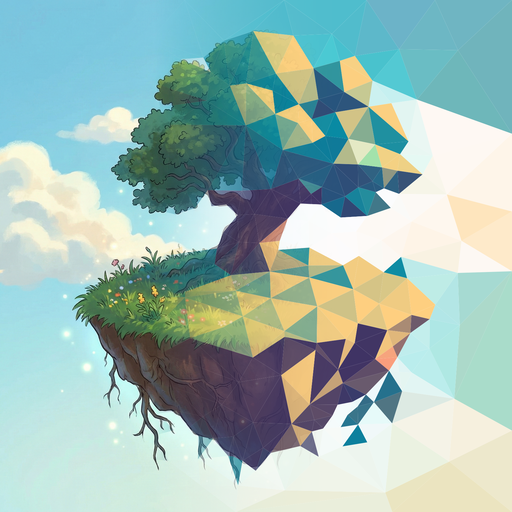 A floating island with a tree, half painted illustration and half flat low-poly triangles, showing the stylization the paper produces.