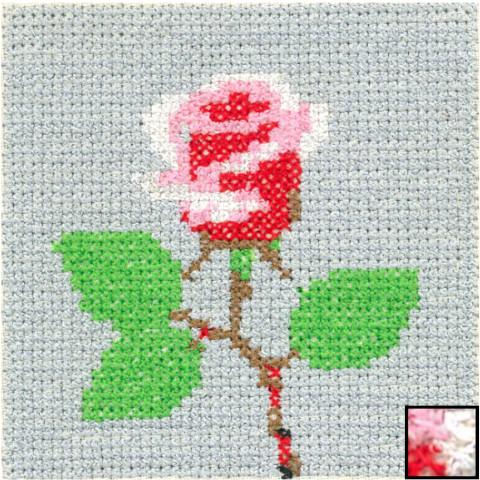 A pink rose cross-stitched in thread on pale blue aida fabric, with the source photograph inset in the corner.