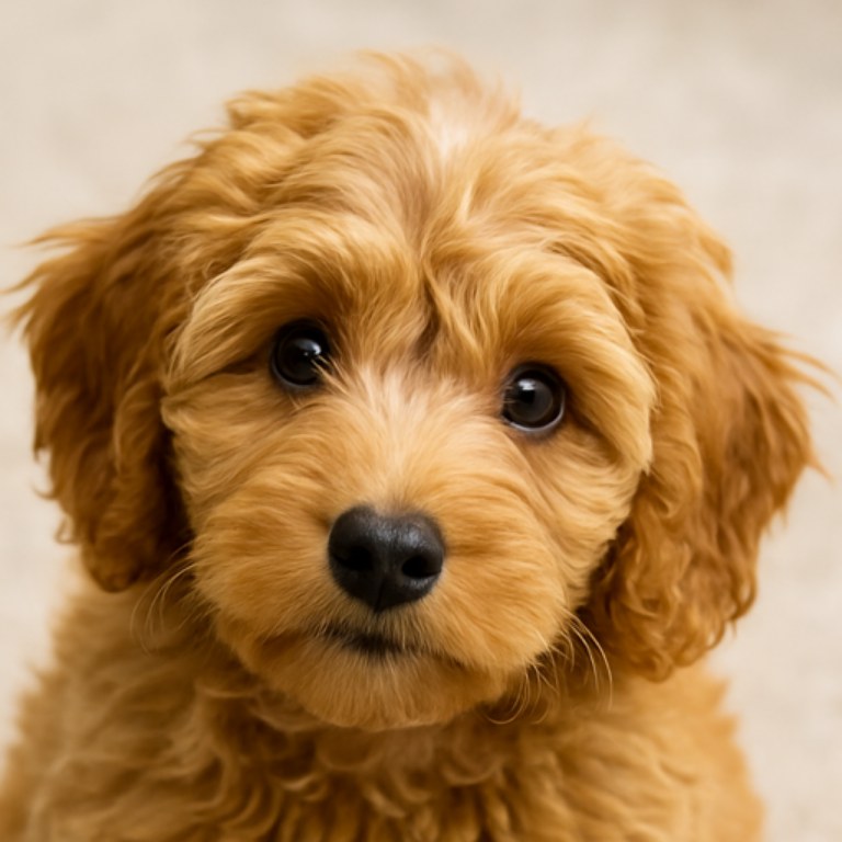 A photograph of a golden doodle puppy looking at the camera.