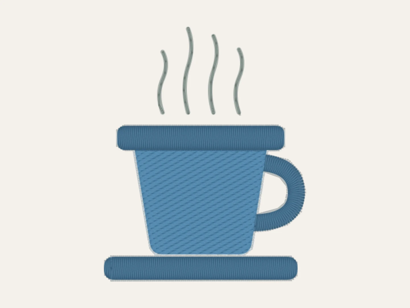 The finished cup in thread: the body filled with angled rows, the rim, handle and saucer worked as glossy satin bands, and four wisps of steam in single grey stitches.