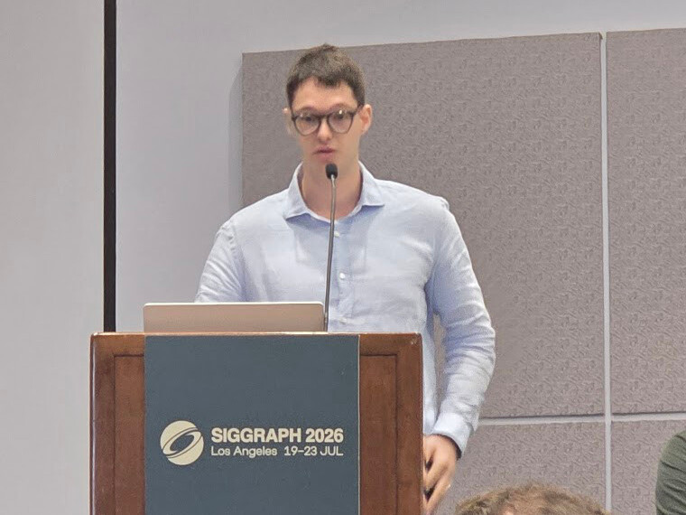 Alexandre Binninger presenting from a lectern marked SIGGRAPH 2026, Los Angeles.