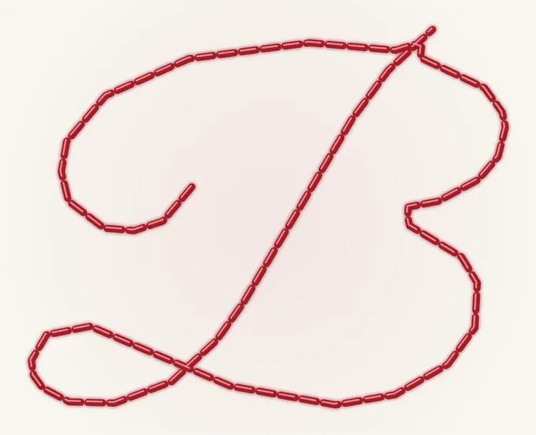 A capital B in Great Vibes stitched as a running stitch, a single line of dashes down the middle of each stroke