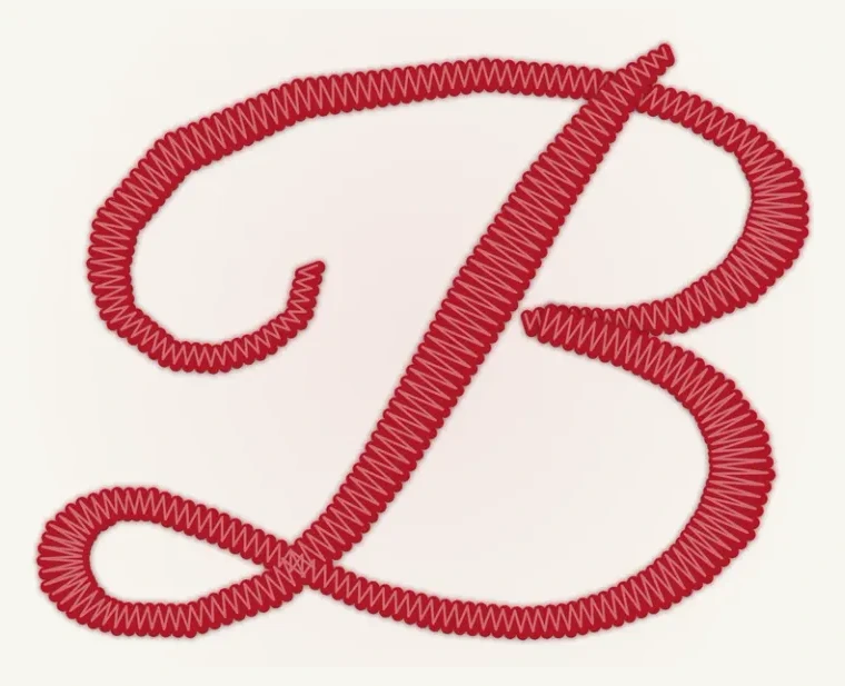 The same capital B stitched as satin, a dense ribbon of thread laid across the full width of each stroke