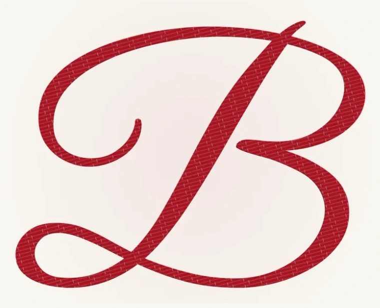 The same capital B stitched as tatami, the strokes filled row by row with short parallel stitches