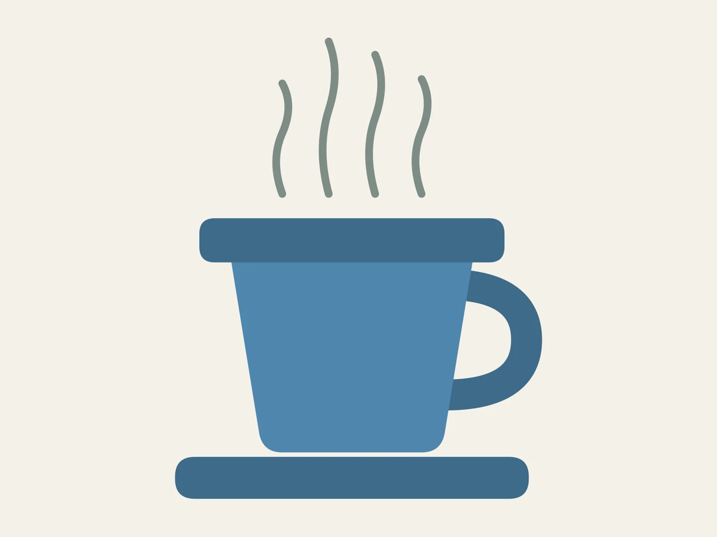 A flat illustration of a blue coffee cup on a saucer, with a handle and four thin wisps of steam rising from it.