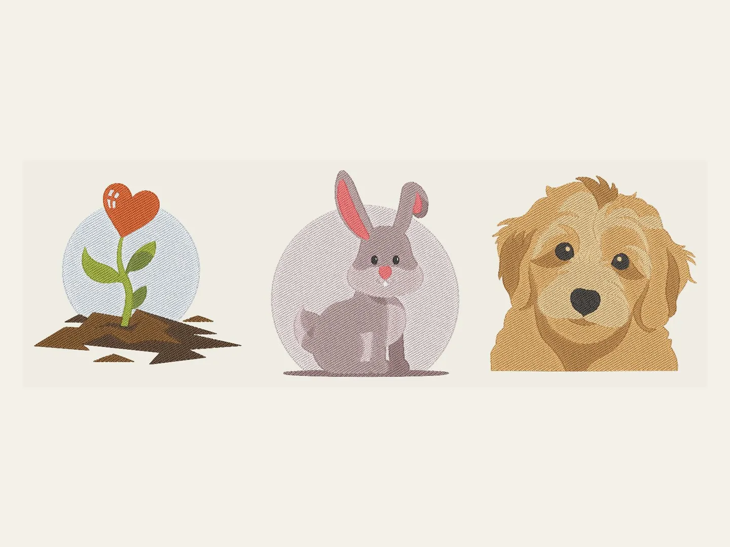 Three Boldbobbin templates side by side: a flower growing from a heart, a grey bunny, and a golden dog.