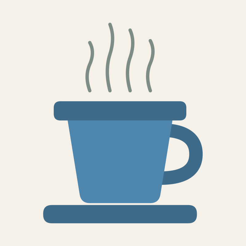 A flat illustration of a blue coffee cup on a saucer, with four thin wisps of steam rising from it.