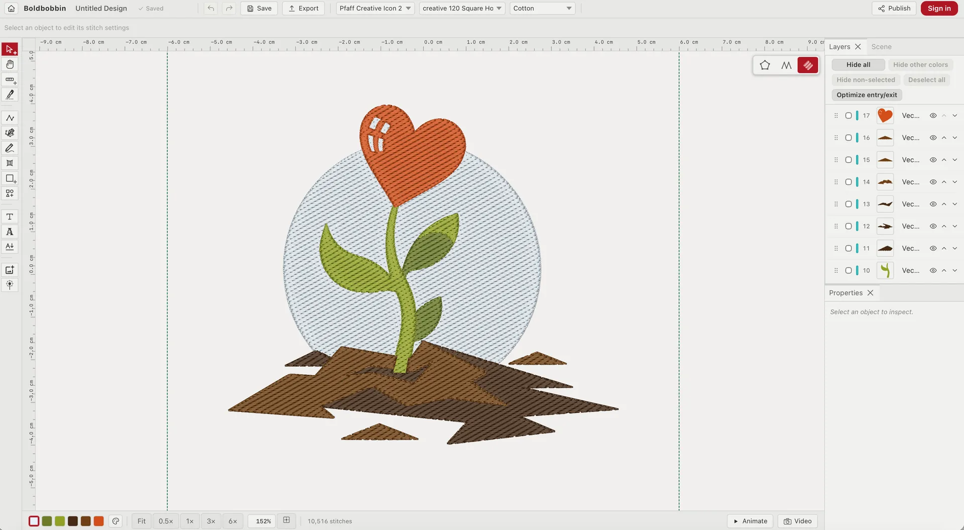 The Boldbobbin editor showing a flower whose head is a heart, growing out of cracked earth in front of a hatched circle, every part of it drawn as stitches. The layers panel on the right lists the individual shapes it is built from, and the bottom of the window reads 10,516 stitches.