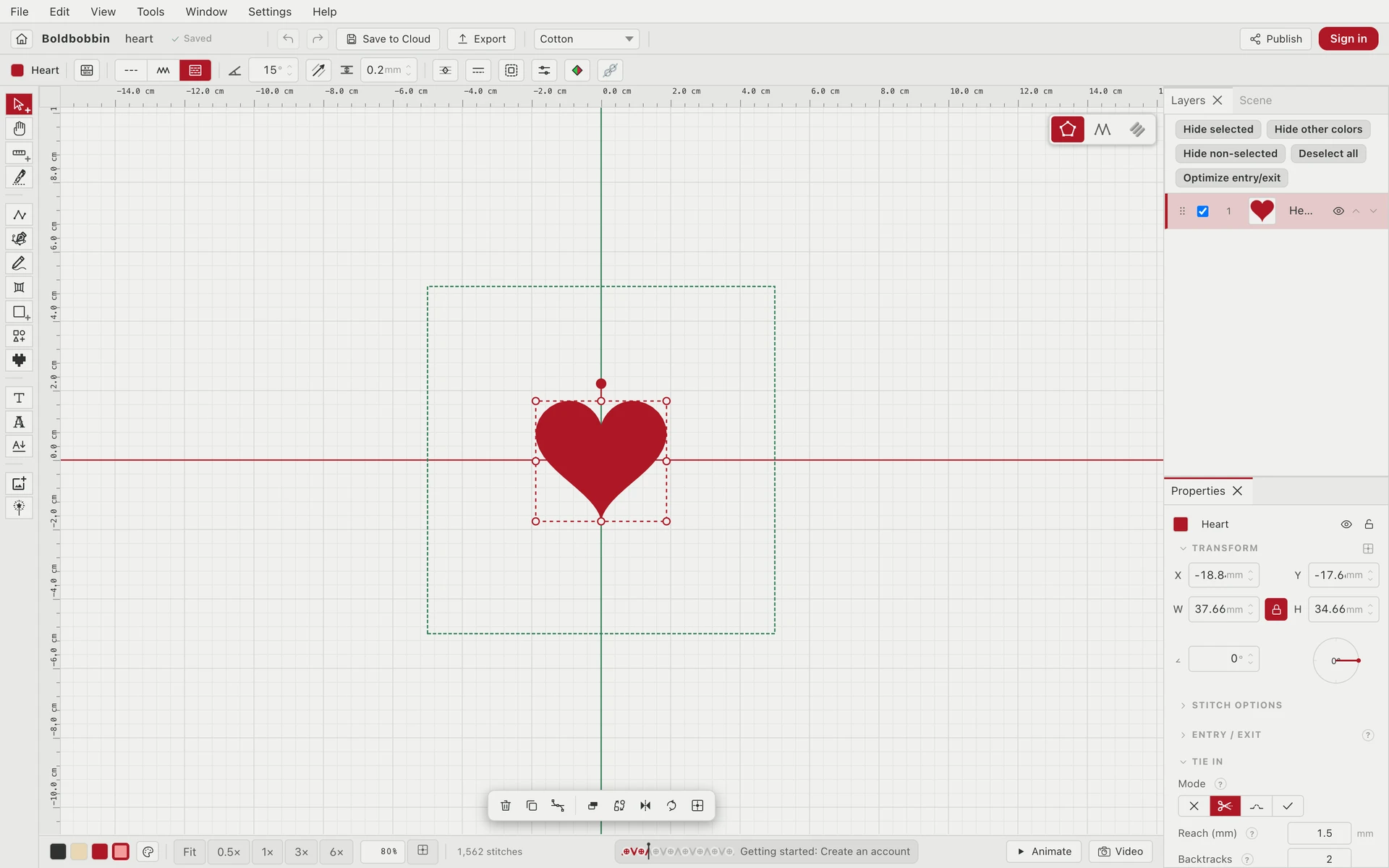 The Boldbobbin editor with the Heart template open and the heart selected: a vertical tool rail down the left, the canvas with rulers and a dashed hoop outline in the middle, a Layers panel at the top right listing one Heart layer, and a Properties panel below it showing transform values.