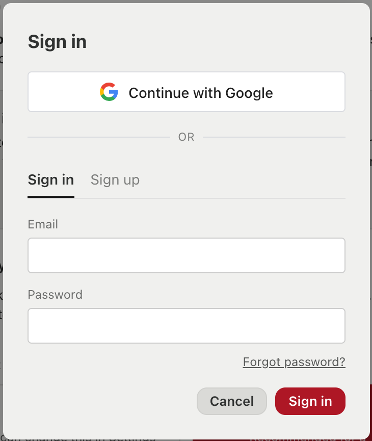 The sign-in dialog: a Continue with Google button, then a separator reading OR, then Sign in and Sign up tabs above Email and Password fields.