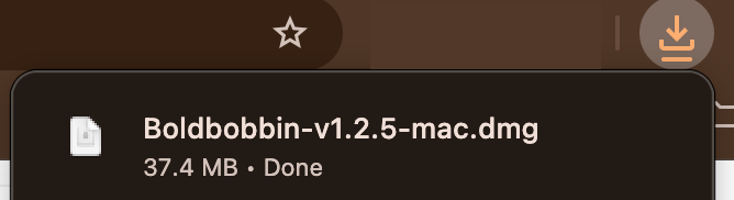 A browser download popup showing Boldbobbin-v1.2.5-mac.dmg, 37.4 MB, Done.