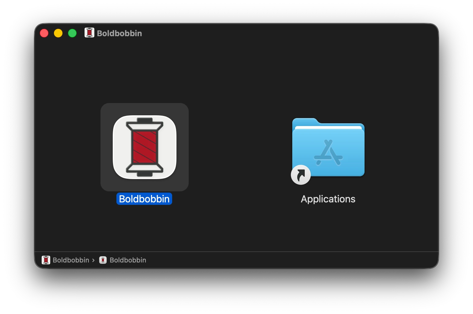 The opened Boldbobbin disk image, showing the Boldbobbin app icon, a red thread spool, beside a blue Applications folder shortcut.