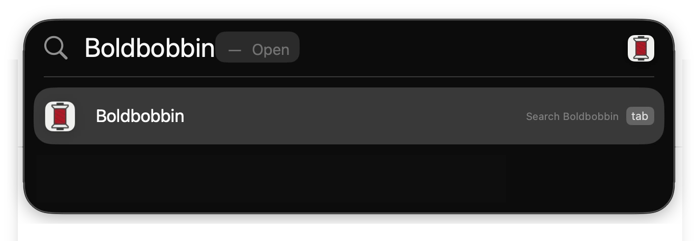 The macOS Spotlight search bar with Boldbobbin typed into it and the Boldbobbin app offered as the result.