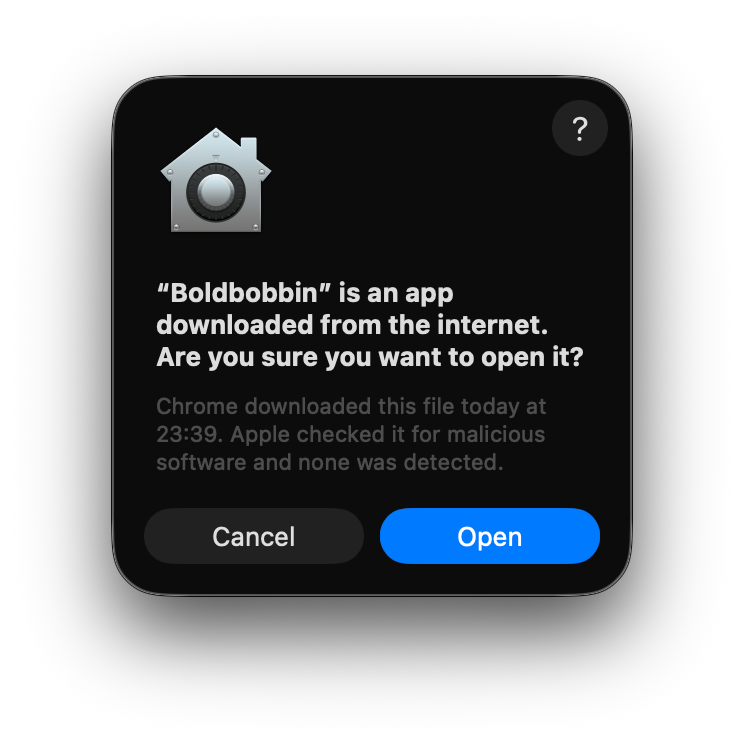 A macOS dialog asking whether you are sure you want to open Boldbobbin, an app downloaded from the internet, and noting that Apple checked it for malicious software and none was detected. Cancel and Open buttons.