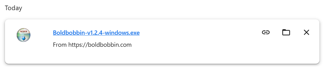 A browser download bar showing Boldbobbin-v1.2.4-windows.exe, from https://boldbobbin.com.