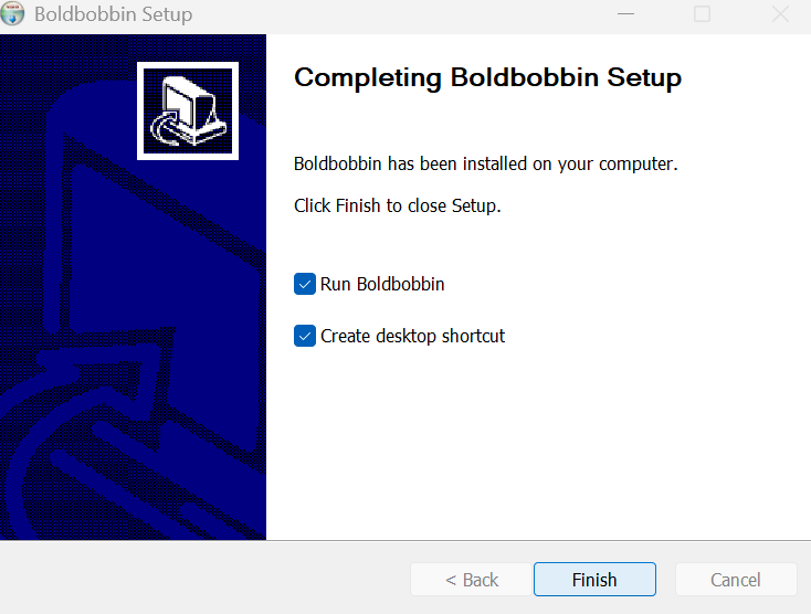 The final installer screen, Completing Boldbobbin Setup, with Run Boldbobbin and Create desktop shortcut both ticked and a Finish button.
