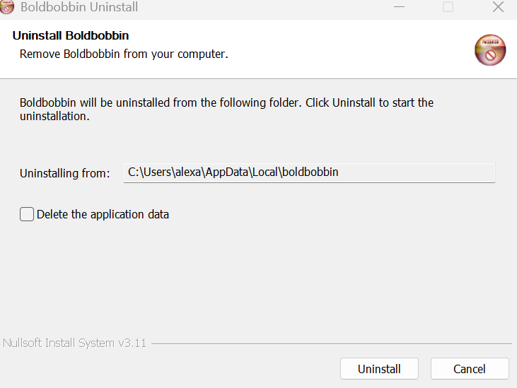 An uninstaller screen showing the folder Boldbobbin will be removed from, and an unticked checkbox reading Delete the application data.