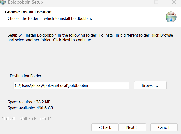 An installer screen headed Choose Install Location, with a destination folder inside the user's AppData Local folder, space required 28.2 MB and space available 490.6 GB.