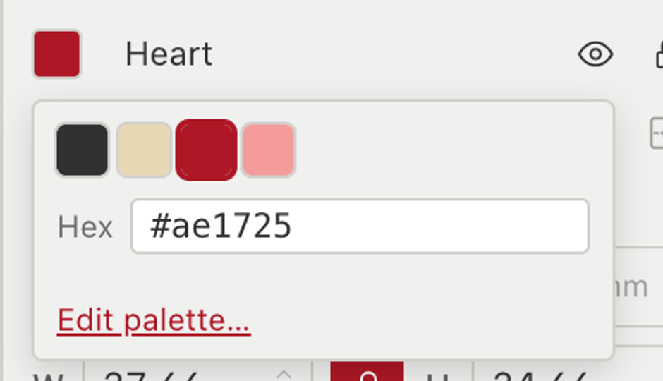 The colour picker open in the Properties panel: a row of four palette swatches, a Hex field reading hash a e 1 7 2 5, and a link reading Edit palette.