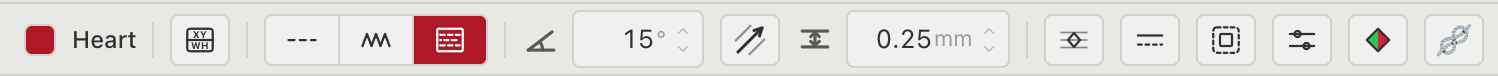 The editor's stitch settings bar with the Heart selected: a colour swatch, a size box, three stitch type buttons, an angle reading 15 degrees, a row spacing reading 0.25 mm, and further stitch controls.