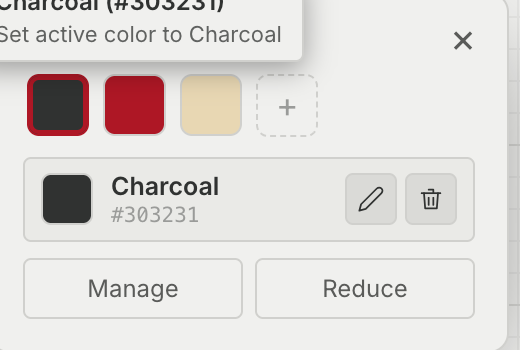 The colour palette popover: three swatches with the first ringed to show it is active, a dashed plus tile to add another, a row naming the active colour Charcoal with its hex code and small pencil and bin buttons, and Manage and Reduce buttons below.