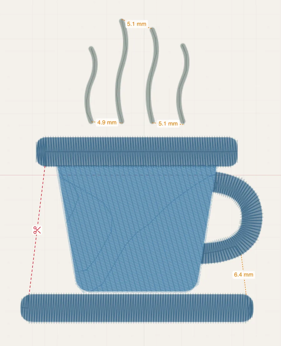 The cup in stitch mode with both overlays on. A red dashed line with a pair of scissors on it runs from the left end of the rim all the way down to the saucer. Orange dashed lines carrying their own lengths cross the other gaps: 6.4 mm from the saucer up to the handle, and 4.9 mm, 5.1 mm and 5.1 mm between the four wisps of steam.