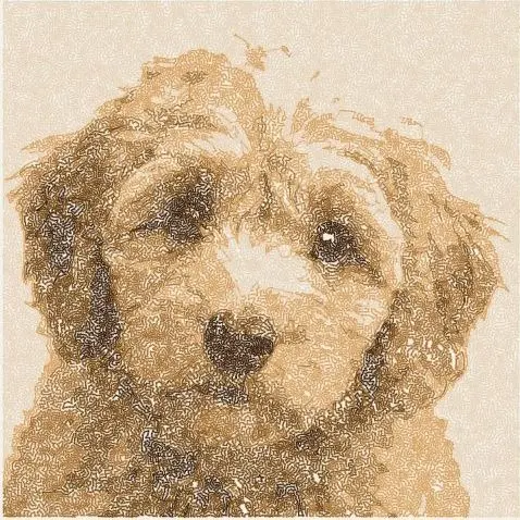 The same golden dog rendered in dense wandering stitches, the tones built out of overlapping thread rather than flat blocks.