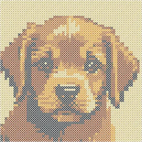 The same dog again, worked as cross-stitch on cream even-weave fabric, every square a single cross in a handful of tan, gold and navy shades.